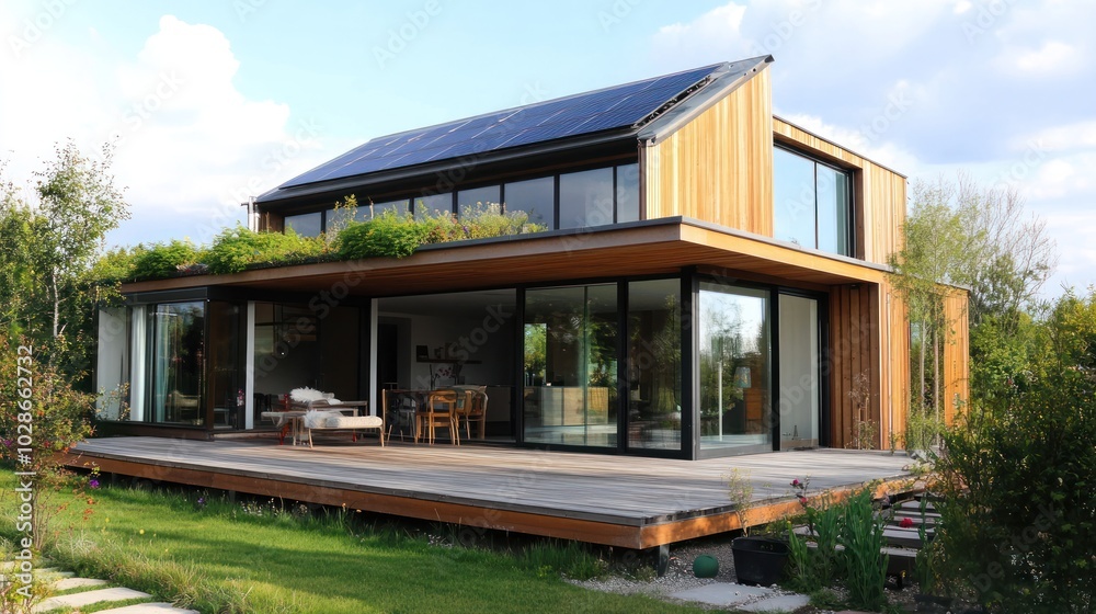A sustainable home with minimalist design, emphasizing eco-friendly materials and a focus on reducing energy use A sustainable home with minimalist design, emphasizing eco-friendly materials and a focus on reducing energy use