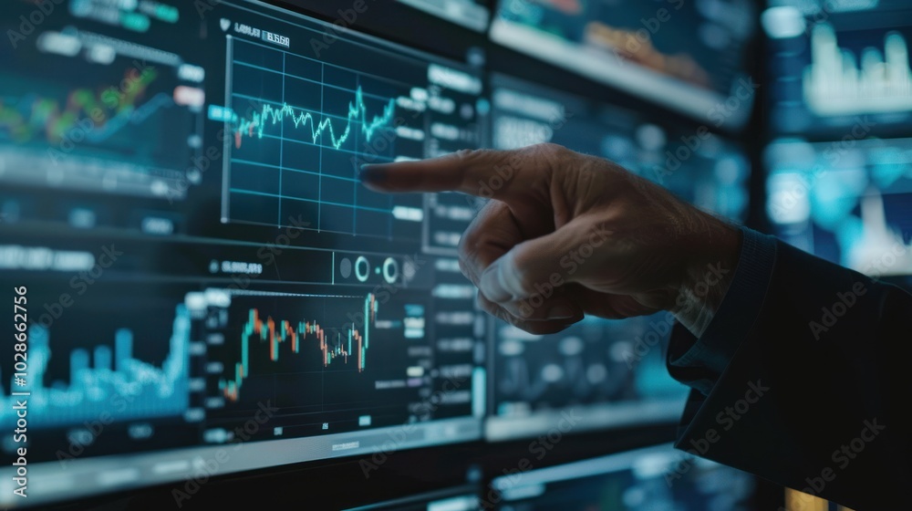 Hand Pointing at Stock Market Data on a Computer Screen Hand Pointing at Stock Market Data on a Computer Screen