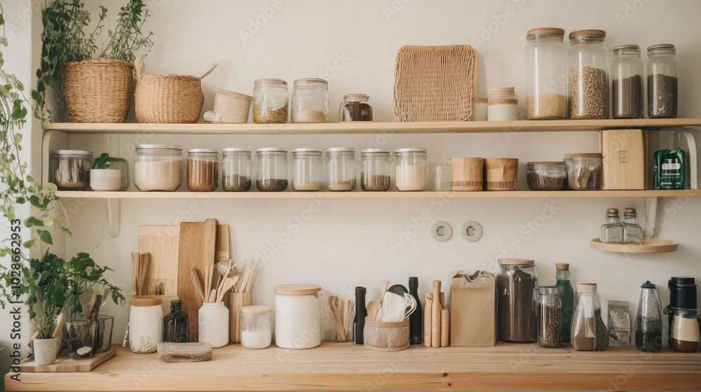 A zero-waste lifestyle portrayed through a clutter-free, sustainable home environment with reusable products A zero-waste lifestyle portrayed through a clutter-free, sustainable home environment with reusable products