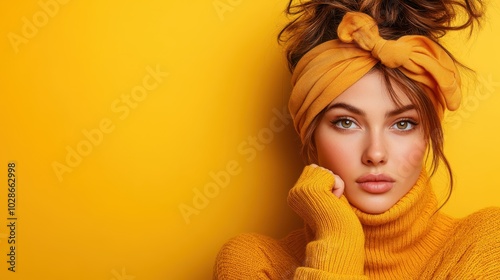 A fashionably dressed woman poses against a vibrant yellow background, wearing a stylish sweater and headband, showcasing modern elegance and confident allure. photo