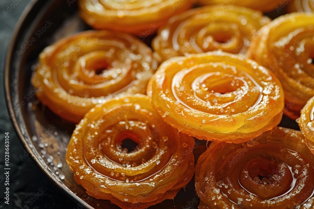 Close-up of golden brown jalebi, an Indian sweet, arranged on a rustic plate. Close-up of golden brown jalebi, an Indian sweet, arranged on a rustic plate.