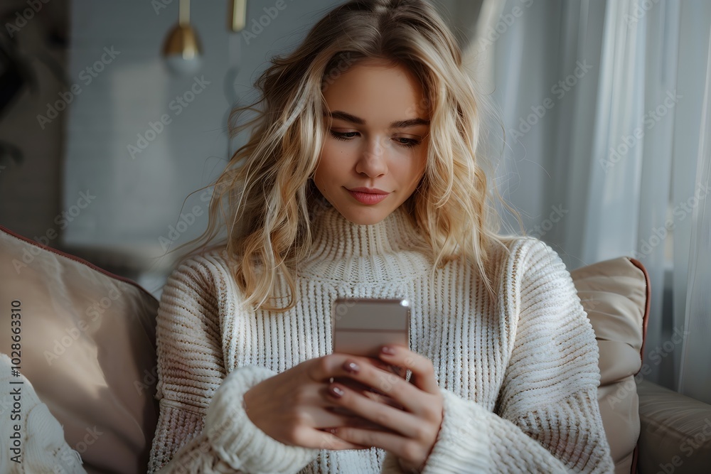 A woman sitting on a couch looking at her cell phone A woman sitting on a couch looking at her cell phone