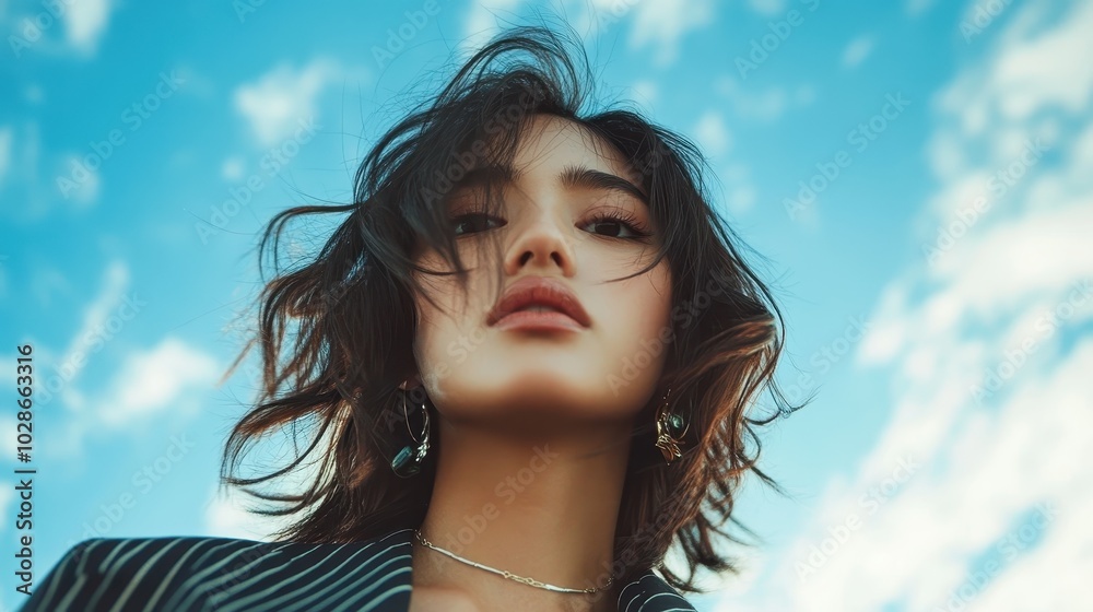 A reflective young woman poses stylishly beneath the vibrant blue sky, her artistic expression captured elegantly, invoking thoughts of serenity and modern fashion. A reflective young woman poses stylishly beneath the vibrant blue sky, her artistic expression captured elegantly, invoking thoughts of serenity and modern fashion.