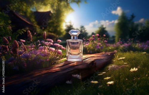 A glass perfume bottle sits on a wooden log in a field of wildflowers. The sun shines brightly, casting warm light on the scene.
