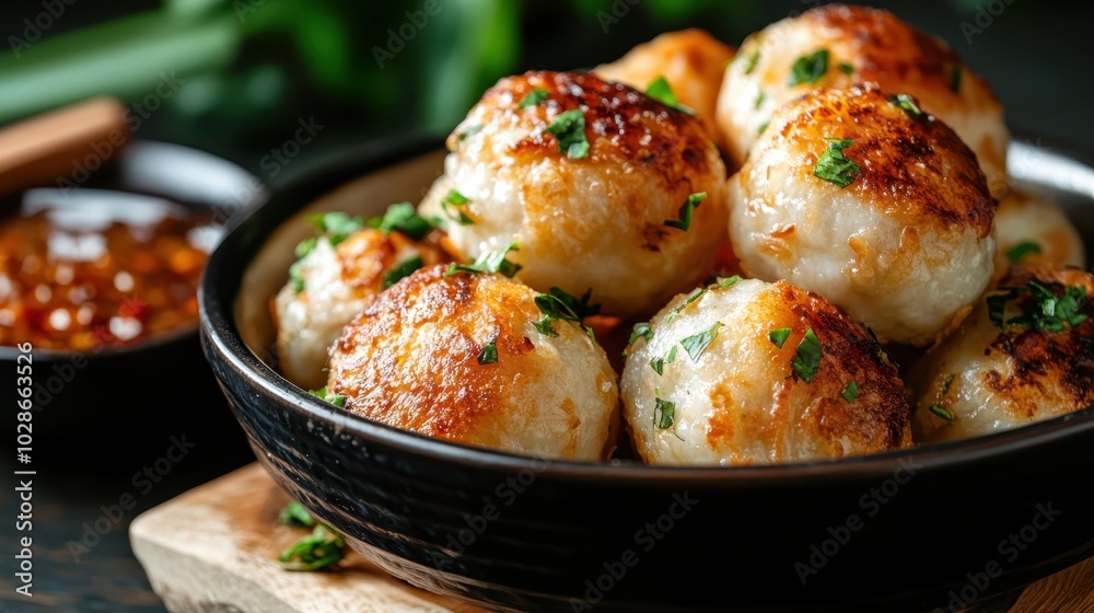 A black bowl filled with pan-fried dumplings topped with fresh herbs, served alongside dipping sauce, offering a delicious and aromatic culinary experience. A black bowl filled with pan-fried dumplings topped with fresh herbs, served alongside dipping sauce, offering a delicious and aromatic culinary experience.