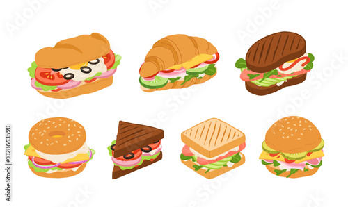 Sandwiches with Various Ingredients. Vector cartoon illustration of sub, sandwich, bagel, toast and burger with meat, cheese and vegetables.