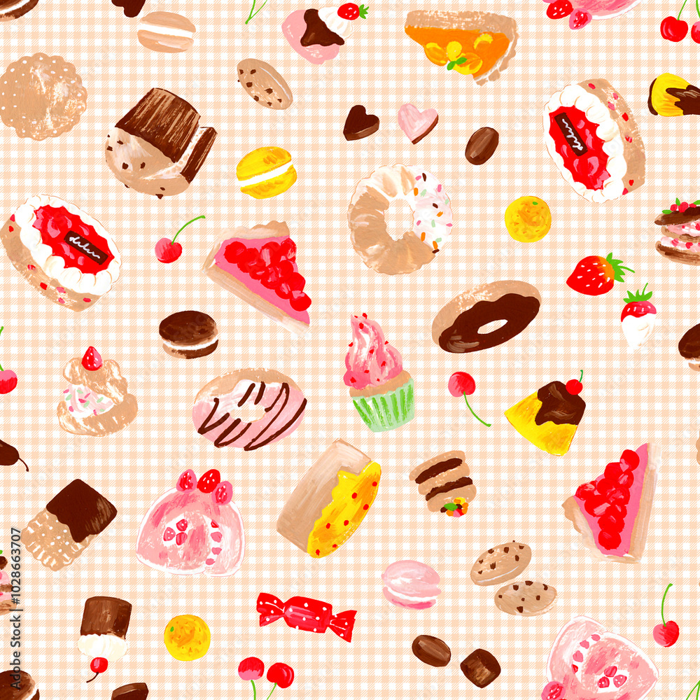 Seamless pattern of delicious sweets drawn by hand, Seamless pattern of delicious sweets drawn by hand,