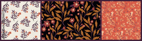 Seamless floral pattern, decorative art ditsy print, abstract ornament in autumn colors. Vintage botanical design: hand drawn flowers branches, leaves. Folk motif botanic tile. Vector illustration.