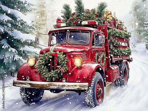Christmas festive scene with a vintage fire truck decorated for Christmas driving on a snow covered road. Christmas pine tree, Christmas gifts, garland on wheels.