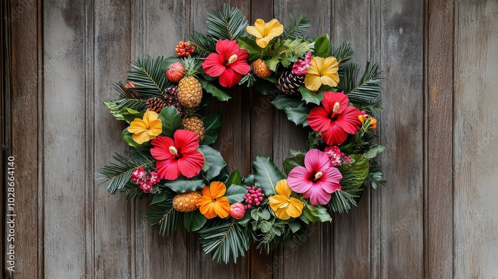 Fototapeta premium A Christmas wreath crafted from tropical plants, bright flowers and fruits, hanging on wooden door