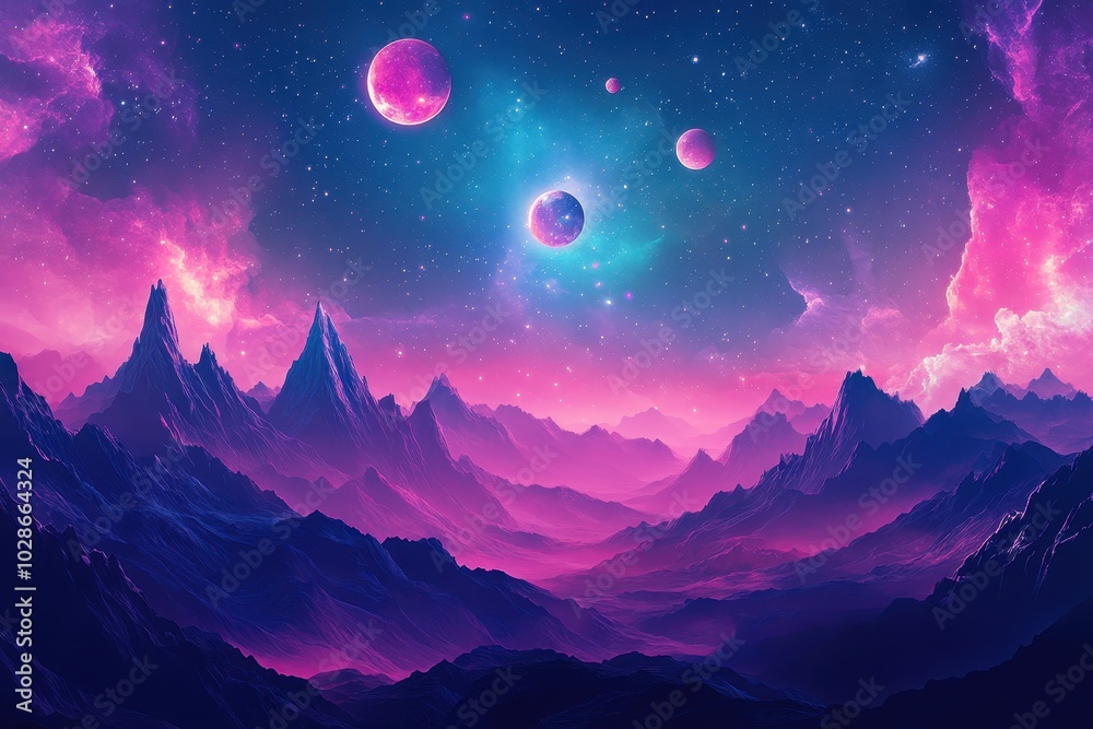 Purple Mountainscape Under a Starry Night Sky with Planets Purple Mountainscape Under a Starry Night Sky with Planets