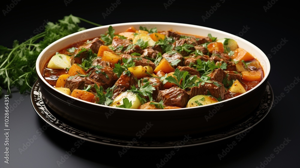 A close-up of a savory beef stew with carrots, potatoes, and onions in a black bowl with parsley garnish on a black surface. A close-up of a savory beef stew with carrots, potatoes, and onions in a black bowl with parsley garnish on a black surface.