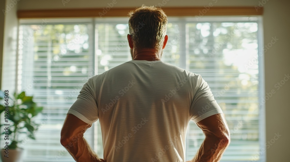A man in casual attire gazes out the window, hands on his hips, conveying contemplation and strength in a bright and airy urban setting. A man in casual attire gazes out the window, hands on his hips, conveying contemplation and strength in a bright and airy urban setting.