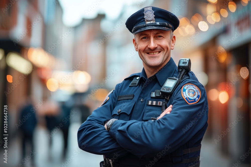 A confident police officer smiles warmly on the street. His uniform symbolizes safety and community. A portrait showcasing dedication and public service. Generative AI A confident police officer smiles warmly on the street. His uniform symbolizes safety and community. A portrait showcasing dedication and public service. Generative AI