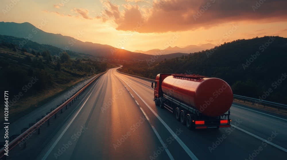 Fuel Tanker Truck Driving on Highway at Sunset.