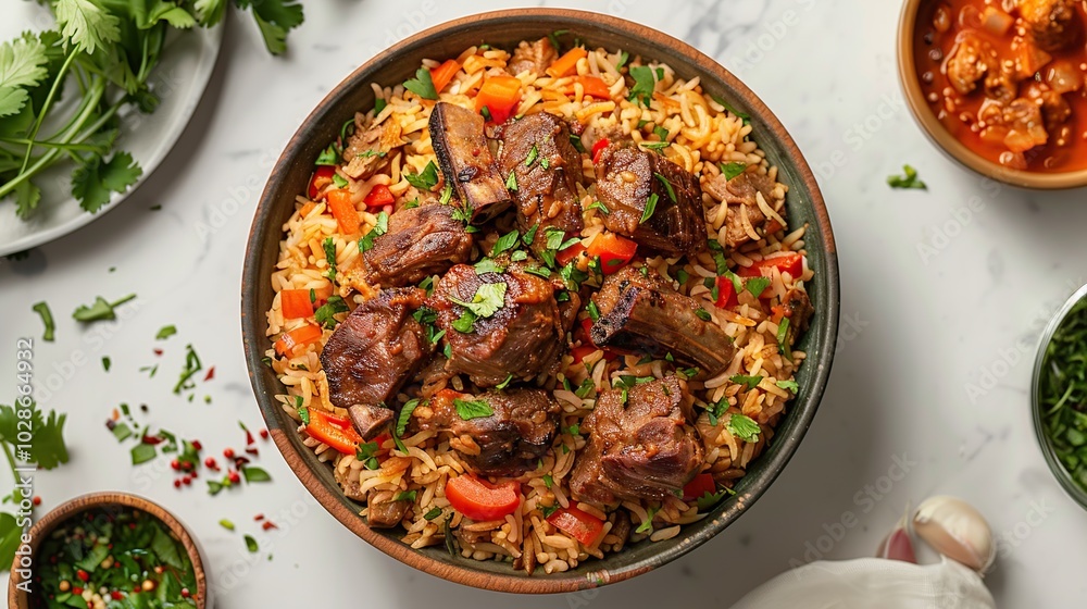 A bowl of rice with meat, vegetables, and herbs. A bowl of rice with meat, vegetables, and herbs.