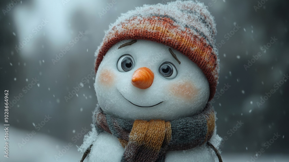 A melting snowman with a sagging scarf and half-closed eyes, standing under a grey, overcast sky as the snow around him fades away A melting snowman with a sagging scarf and half-closed eyes, standing under a grey, overcast sky as the snow around him fades away