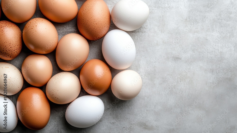 A collection of varied raw eggs is displayed on a smooth, gray surface, accentuating the diverse shades and natural textures of the egg shells. A collection of varied raw eggs is displayed on a smooth, gray surface, accentuating the diverse shades and natural textures of the egg shells.