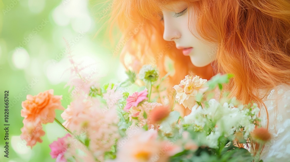 Naklejka premium Serene Red-Haired Woman Enjoying Aromatic Spring Flowers in Nature