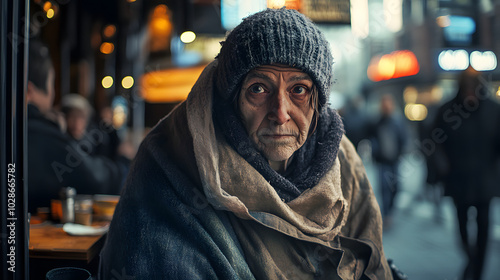 The Humanity Within: An Impactful High-Definition Image of Homelessness Against a Restaurant Backdrop, Captured in Incredible 8K Quality