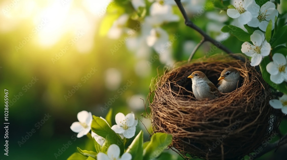 Birds building nests in blossoming trees, with fresh green leaves and warm sunlight glowing softly in the background, capturing nature’s renewal for the Spring Equinox 