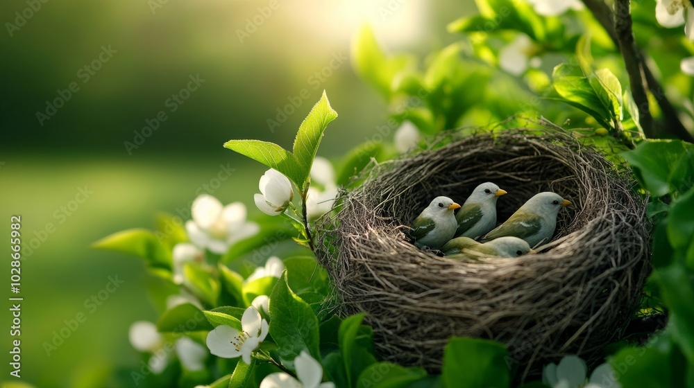 Birds building nests in blossoming trees, with fresh green leaves and warm sunlight glowing softly in the background, capturing nature’s renewal for the Spring Equinox Birds building nests in blossoming trees, with fresh green leaves and warm sunlight glowing softly in the background, capturing nature’s renewal for the Spring Equinox