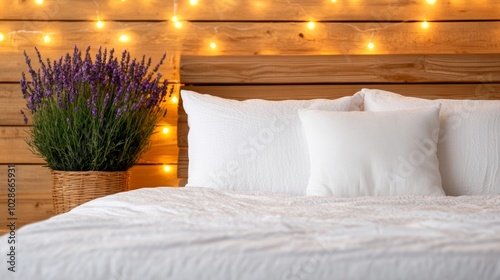 Bed with soft white linens surrounded by glowing fairy lights and lavender sprigs, creating a calm and serene environment for World Sleep Day  photo