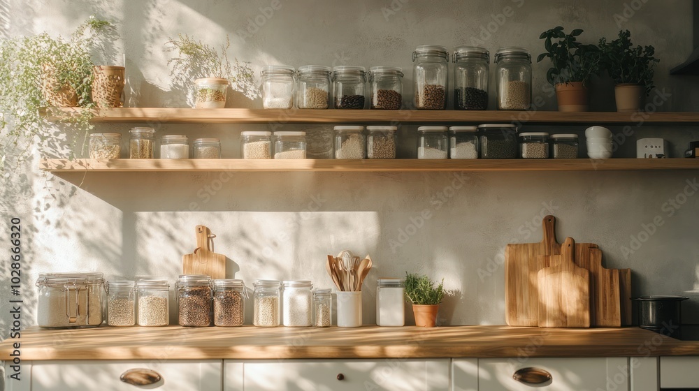 Plastic-free living captured in a minimalist kitchen, with reusable containers and eco-friendly products Plastic-free living captured in a minimalist kitchen, with reusable containers and eco-friendly products