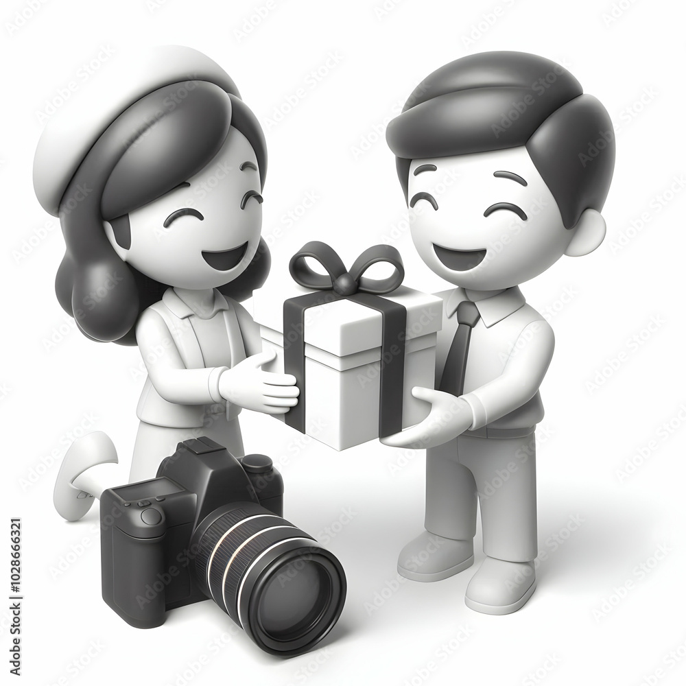 3D Icon of Candid Gift Exchange: Smiling People Exchanging Gifts on White Background - Joyful Moment Captured for Gift Sales Promotion 3D Icon of Candid Gift Exchange: Smiling People Exchanging Gifts on White Background - Joyful Moment Captured for Gift Sales Promotion
