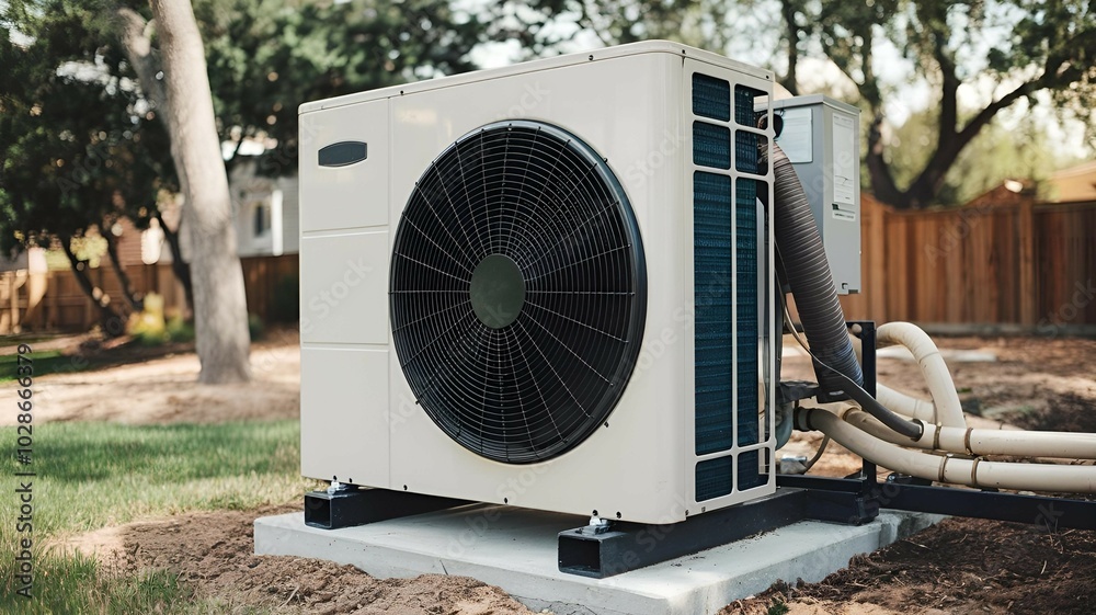 Traditional Heat pump unit installed outdoors in a garden surrounded by greenery Traditional Heat pump unit installed outdoors in a garden surrounded by greenery