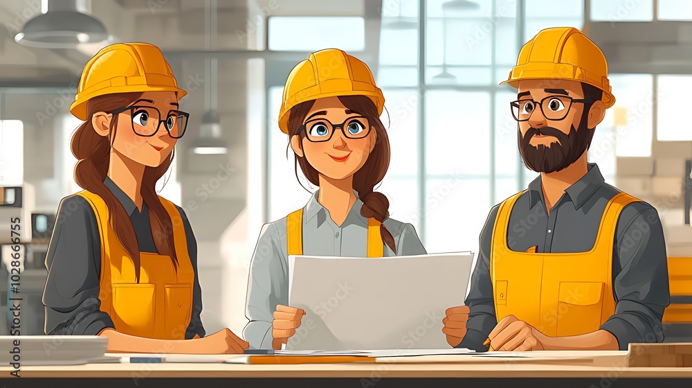 Three construction workers in yellow hard hats and vests discussing a blueprint. Three construction workers in yellow hard hats and vests discussing a blueprint.