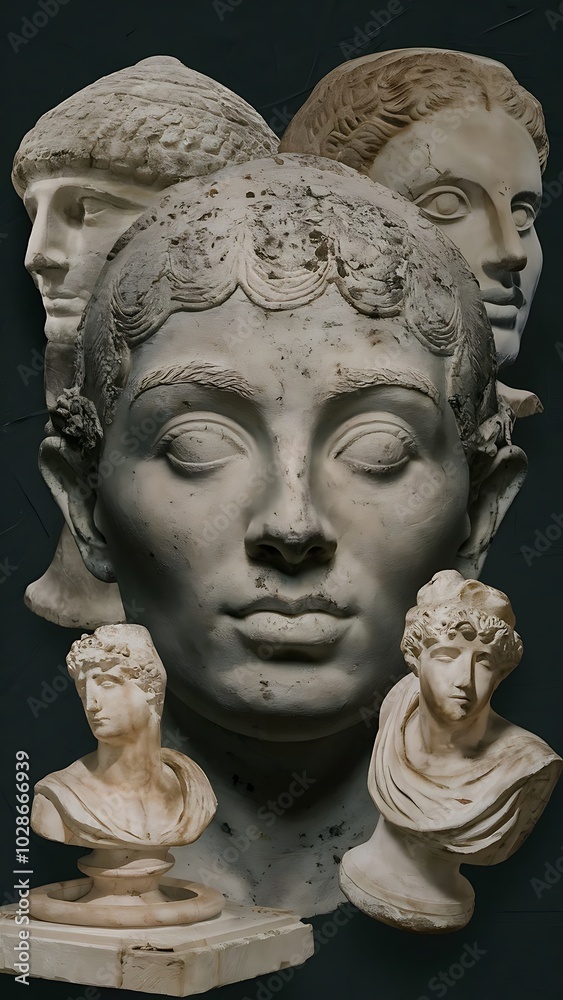 Obraz premium Collage with many plaster antique sculpture of human face in a surreal art style. Modern creative concept image with ancient statue head. Contemporary art poster. Funky surrealism. Zine culture.