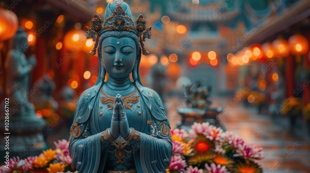 A serene statue of a goddess adorned with flowers in a vibrant temple during twilight hours. Generative AI A serene statue of a goddess adorned with flowers in a vibrant temple during twilight hours. Generative AI