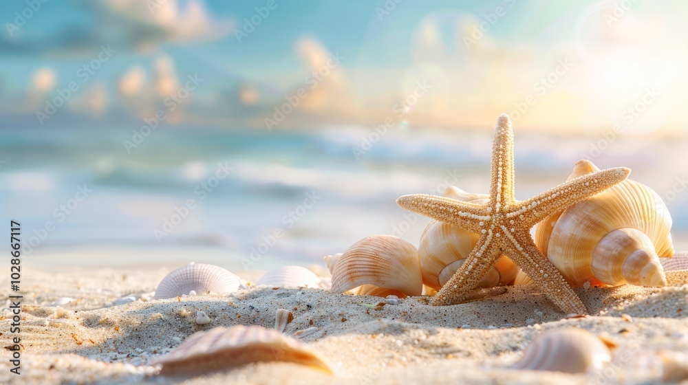 Seashells and a Starfish on a Sandy Beach at Sunset Seashells and a Starfish on a Sandy Beach at Sunset
