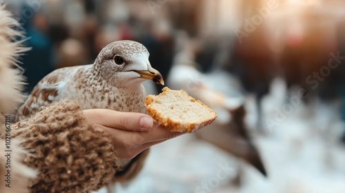 A close-up of a bird pecking at a piece of bread held by a gloved hand in a wintry setting, symbolizing trust and connection between nature and humans. photo