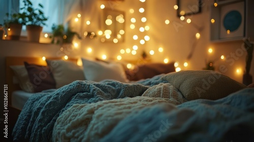 Restful sleep in a calm, peaceful setting, with soft lighting and cozy blankets