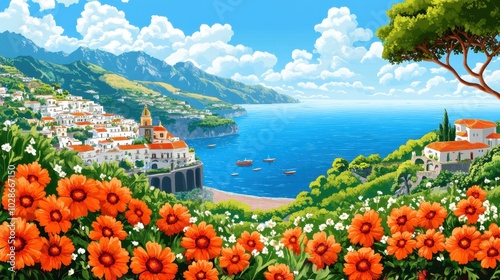 Idyllic Mediterranean Seaside Town with Lush Floral Foreground