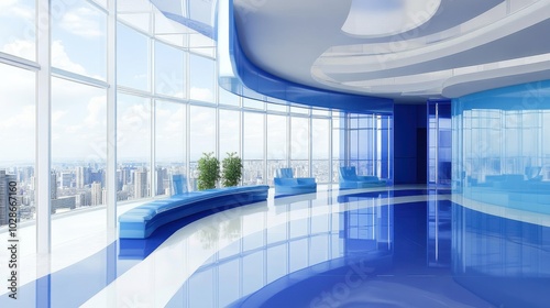 Sleek, futuristic interior with panoramic city views and blue tones.