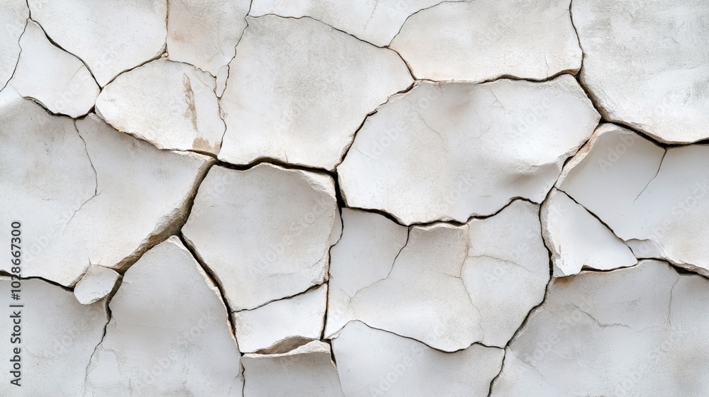 Close-up view of cracked and peeling white paint on a wall surface creating an abstract texture. Close-up view of cracked and peeling white paint on a wall surface creating an abstract texture.