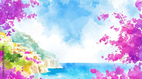 Watercolor Painting of Mediterranean Seaside with Blooming Trees