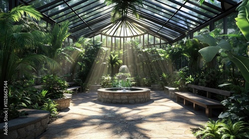 An airy indoor atrium filled with tropical plants and a small water fountain. Sunlight filters through glass ceilings