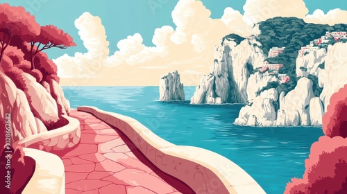 Scenic Coastal Pathway to Tranquil Seaside Village Illustration