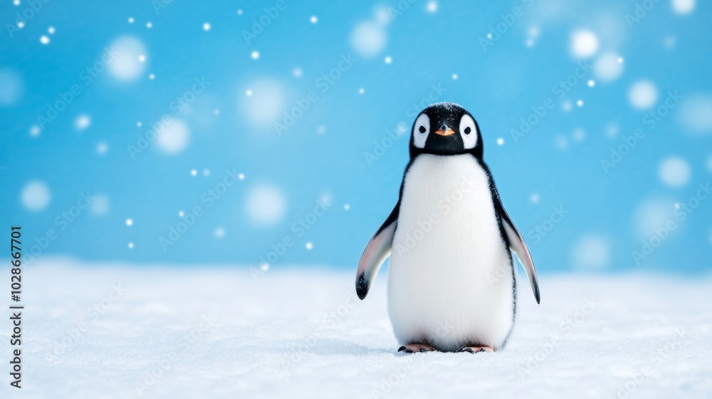 Obraz premium Playful snow penguin with a smooth, round body, sliding down a snowbank, leaving a glittering trail behind it as snowflakes fall gently from the sky 
