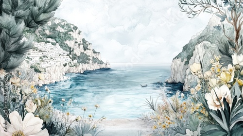 Serene Coastal Town Landscape with Blossoming Flowers and Cliffs