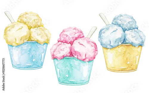 Set with three various multicolor ice cream in cup with spoon isolated on white background. Watercolor hand drawn illustration