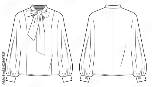 Shirt oversize blouse with puff sleeves and a bow tie collar Technical fashion illustration. Front and back, white colour. Women's CAD mock-up.