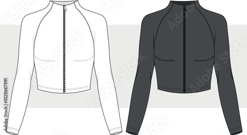 Raglan Sleeve range rover mom body  technical fashion illustration. Cropped Shirt fashion flat technical drawing template, zip-up.
