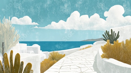 Idyllic Mediterranean Seaside Path with Whitewashed Architecture and Cacti