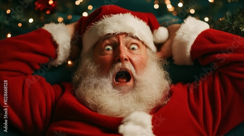 Santa furiously tangled in Christmas lights, shaking his head in frustration, with a fallen Christmas tree in the background, embodying holiday chaos 