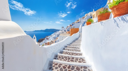 Serene Santorini Stairway with Stunning Sea View and Blue Skies